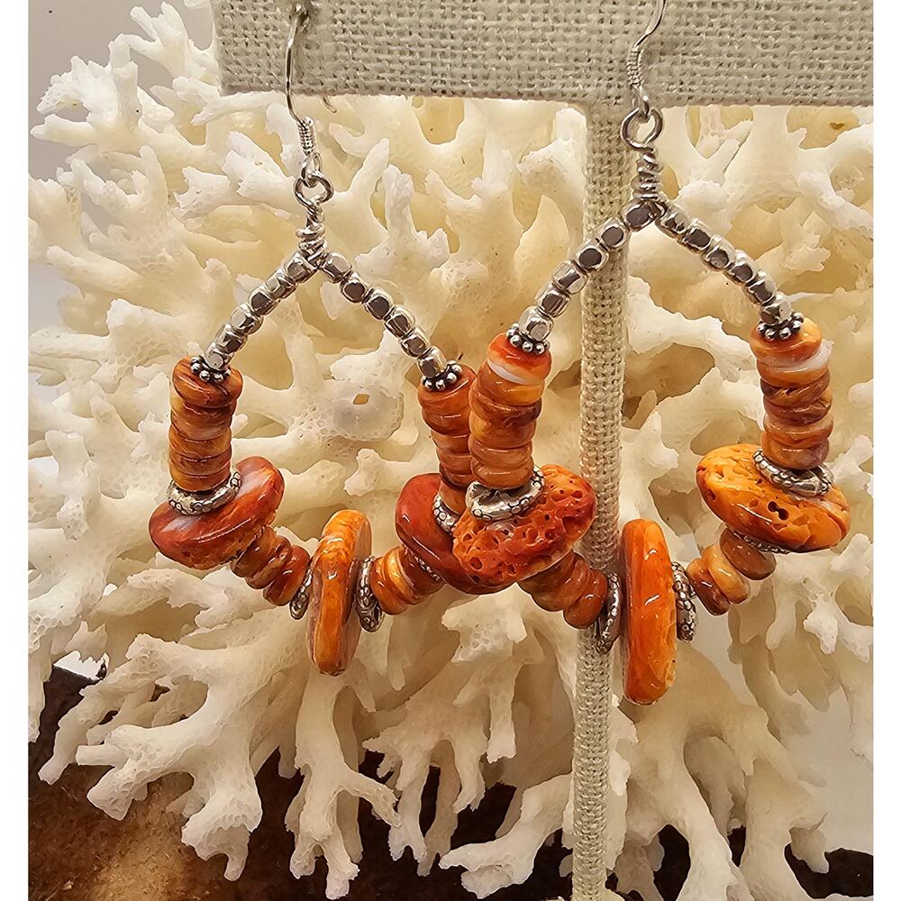 Orange Spiny Oyster Silver Hill Tribe Teardrop Artisan Earrings